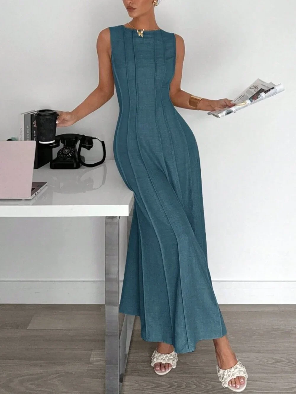 Blue Casual Women's Sleeveless A-Line Dress - Picture 1 of 5